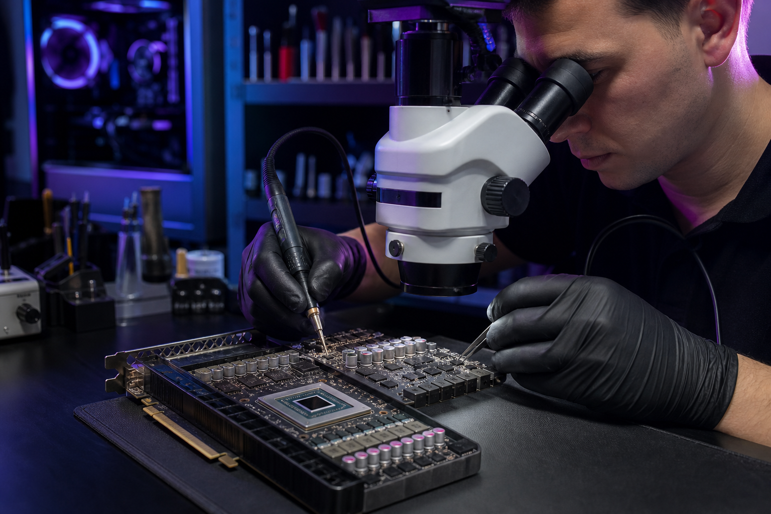 Technician performing board-level graphics card repair under microscope